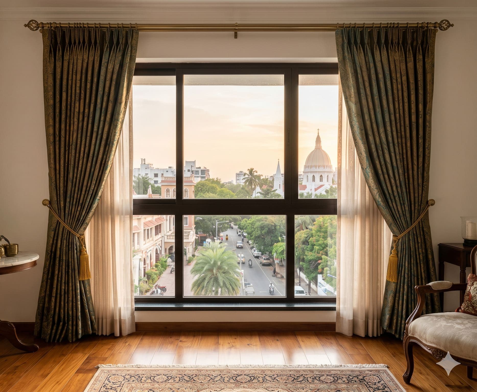 Elegant curtains and blinds installed in a luxury living room